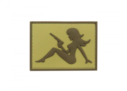 Шеврон "Girl with pistol" (девушка с пистолетом)/коричневый на песочном/размеры 69х50 мм/