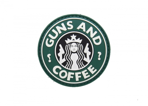 Шеврон "Guns & Coffee" /ПВХ /зеленый/ диаметр 60 мм/