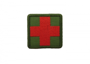 Шеврон с крестом "Медицина" /вышивка /красный на оливе/ размер 48х48 мм/